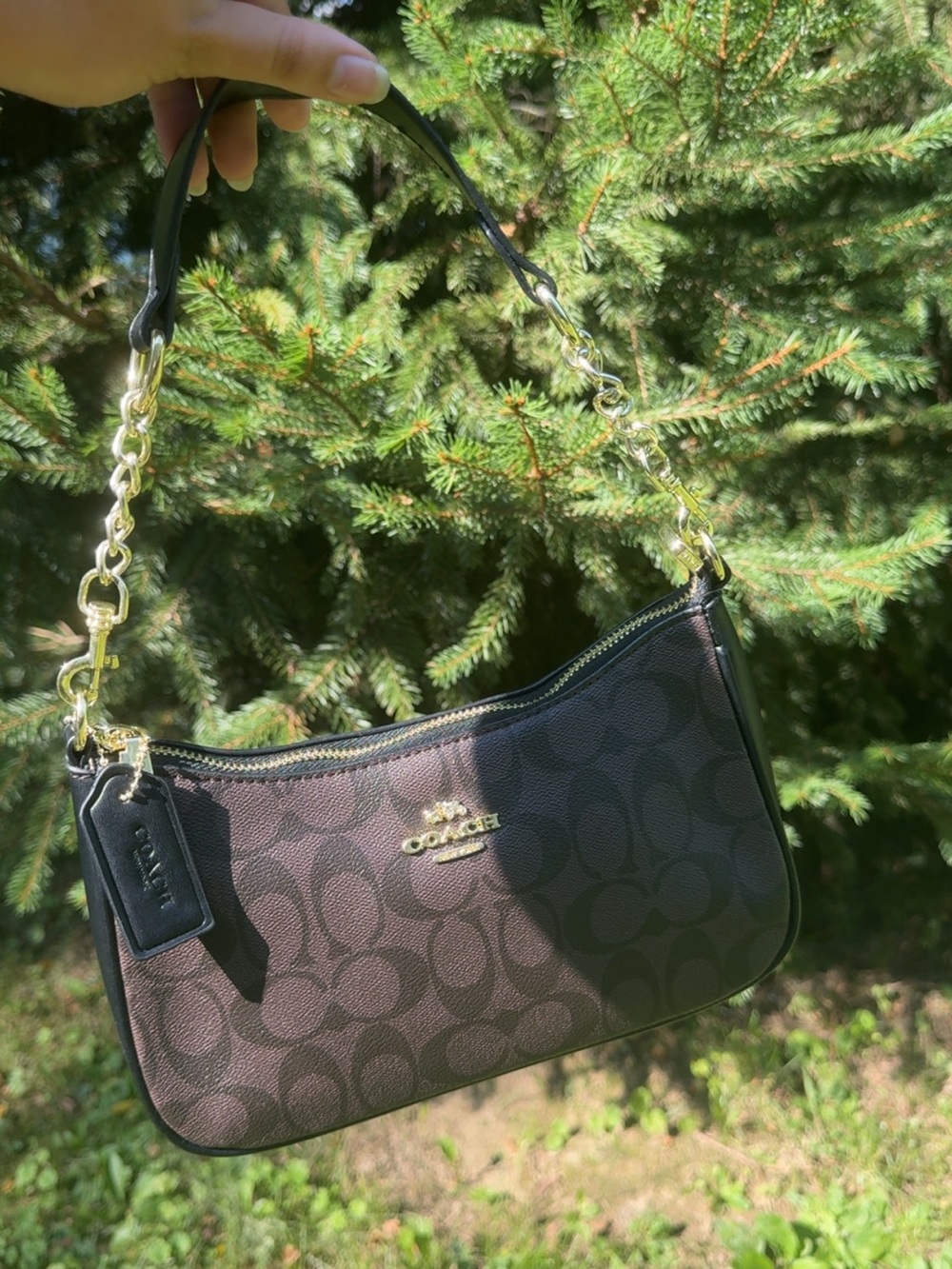 Coach Dark Brown Signature Canvas Shoulder Bag with Gold Hardware